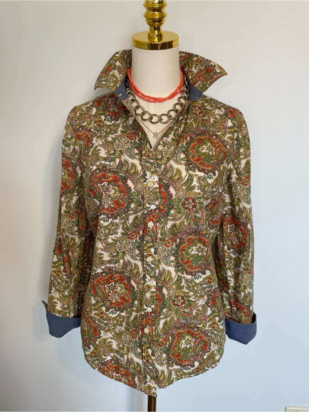 COTTON :: button-down with floral paisley print and chambray - Talbots Petites